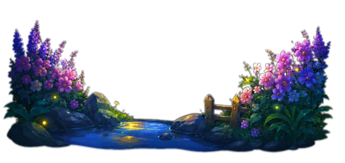 花丛、岩石、木栅栏与池塘组成的前景素材